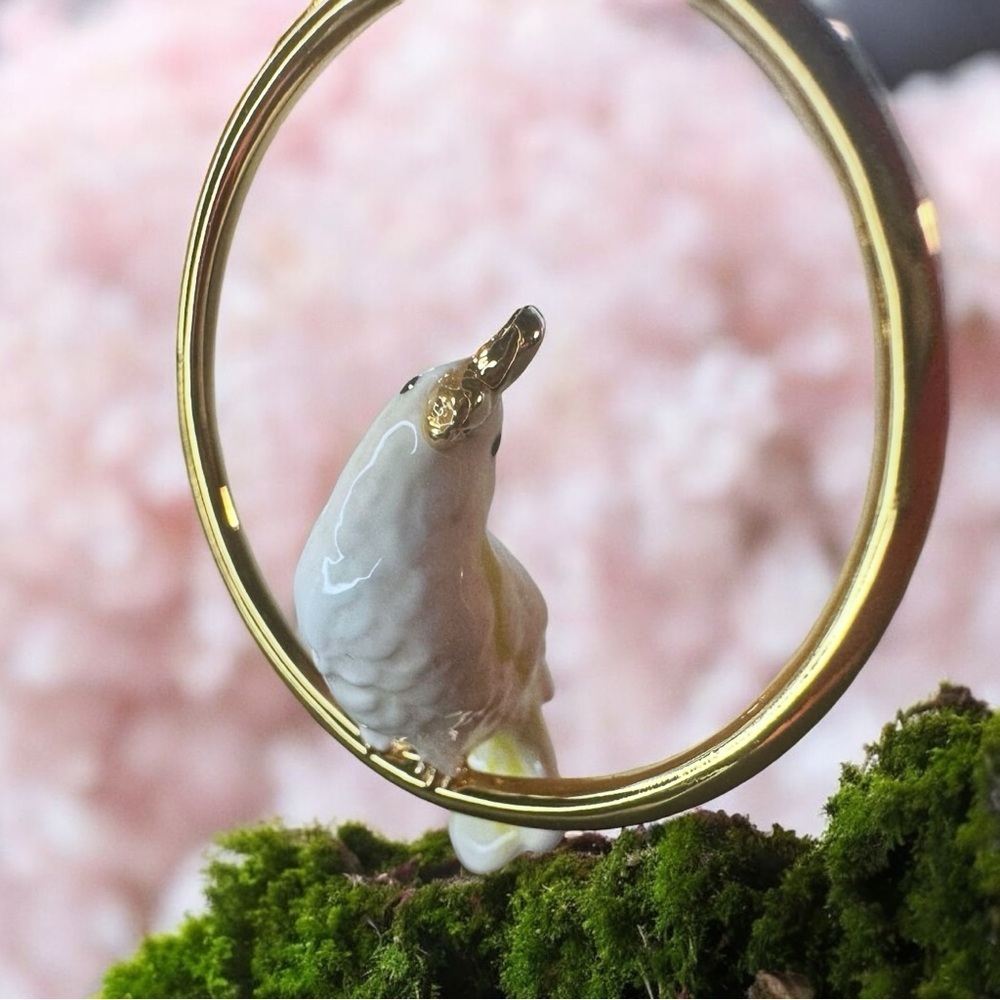NEW White & Yellow Gold Cockatiel Bird Sitting In A Gold Hoop Pendant Necklace - Picture 3 of 16